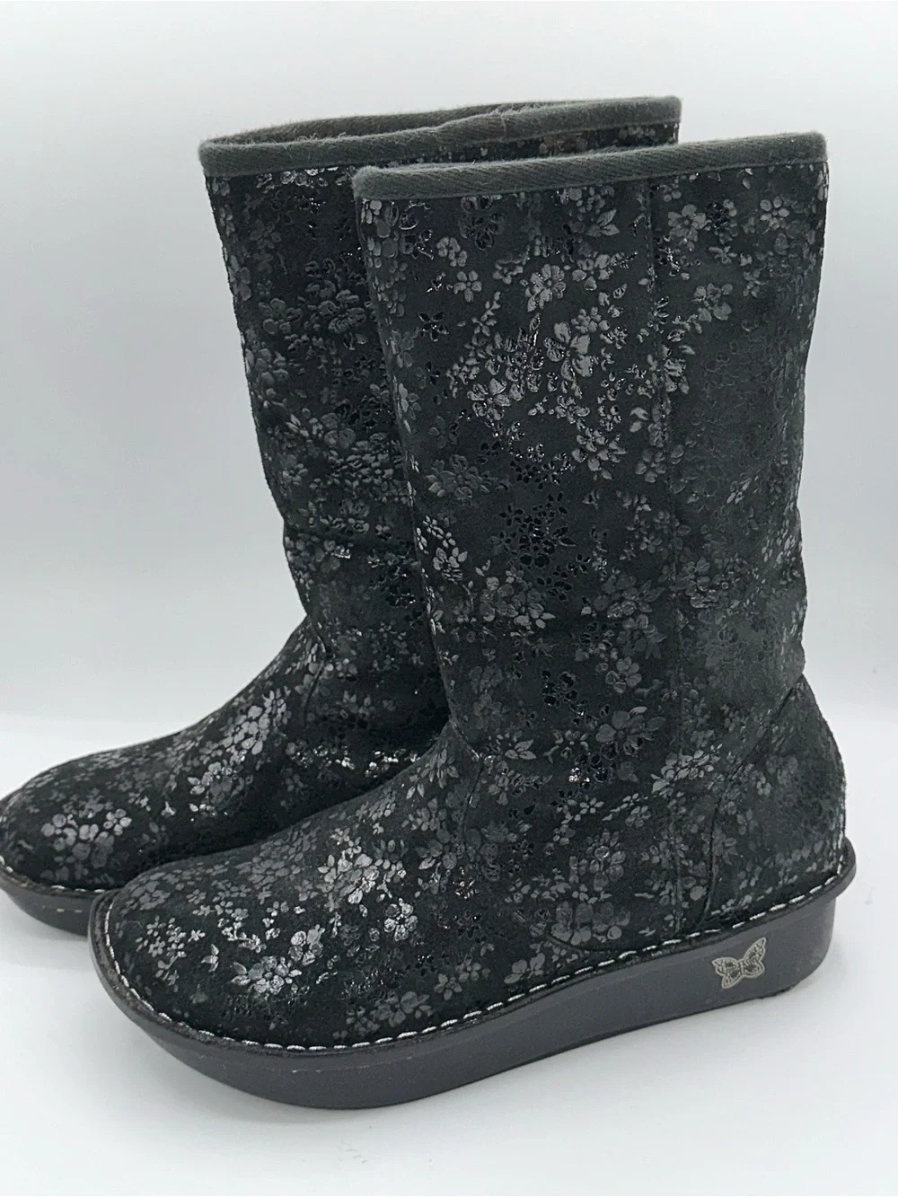 Alegria Black Floral Embossed Leather Shearling Lined Boots EU 40 US 9.5-10 AA38